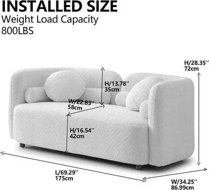 69" Compact Curved Sofa for Small Spaces & Apartments, Japandi Style Boucle Couch, Minimalist 2-Seater Sofa with Solid Wood Frame, Modern Living Room Couch with Pillows
