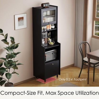Kavie Solid Wood Kitchen Pantry Cabinet, Narrow Tall Sideboard with Acrylic Doors & Appliance Space, Modern Vintage Tea Station (Black,19.6" L*15.7" W*68.5" H)