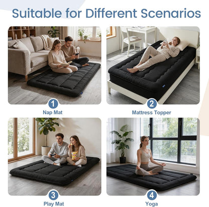 Twin Size Japanese Futon Mattress Foldable Topper Mattress for Floor Tatami Floor Mat Portable Roll-Up Bed for Guest Play mat Sleeping Pad Black B