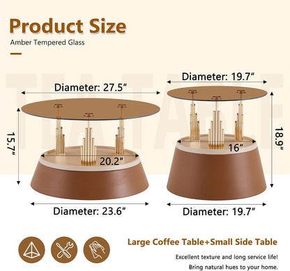 Round Glass Coffee Table Set of 2, Brown, 27.5 Inch | Amber tempered glass tops, brown metal pedestal bases, gold supports, two-tier design for living rooms and apartments