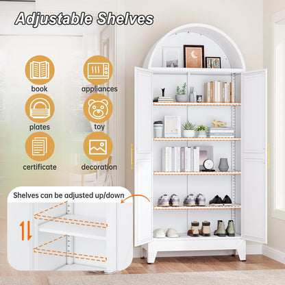 Winiowa Metal Arched Kitchen Pantry Cabinet, 73" Tall Arched Storage Cabinet with 2 Doors & 4 Shelves, Modern Farmhouse Kitchen Storage Cabinets, White