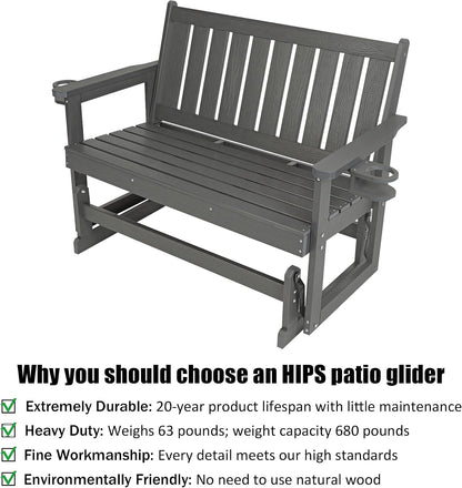 Poly Lumber Patio Glider, HIPS Material Weather-Resistant Swing Bench for Outdoor Porch Garden, Gray
