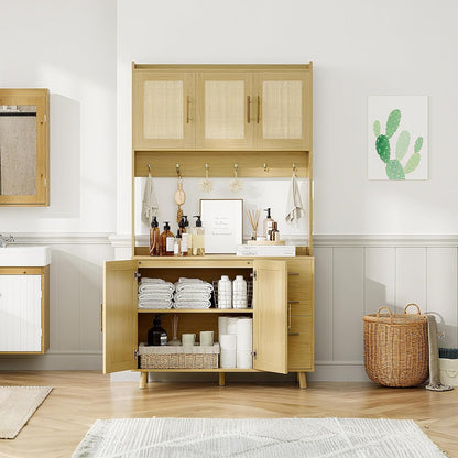 71" Tall Kitchen Pantry Cabinet, Freestanding Rattan Boho Hutch with Microwave Shelf, 3 Drawers & 6 Hooks for Kitchen, Living & Dining Room Storage-Natural