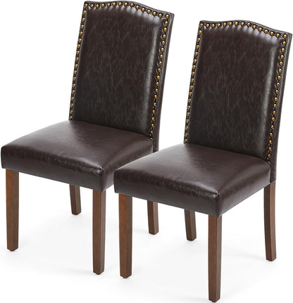 DUMOS Upholstered Dining Chairs，Set of 2 PU Leather Dining Room Kitchen Chair with Nailhead Trim and Wood Legs, Modern Side Chairs for Living Room-Brown