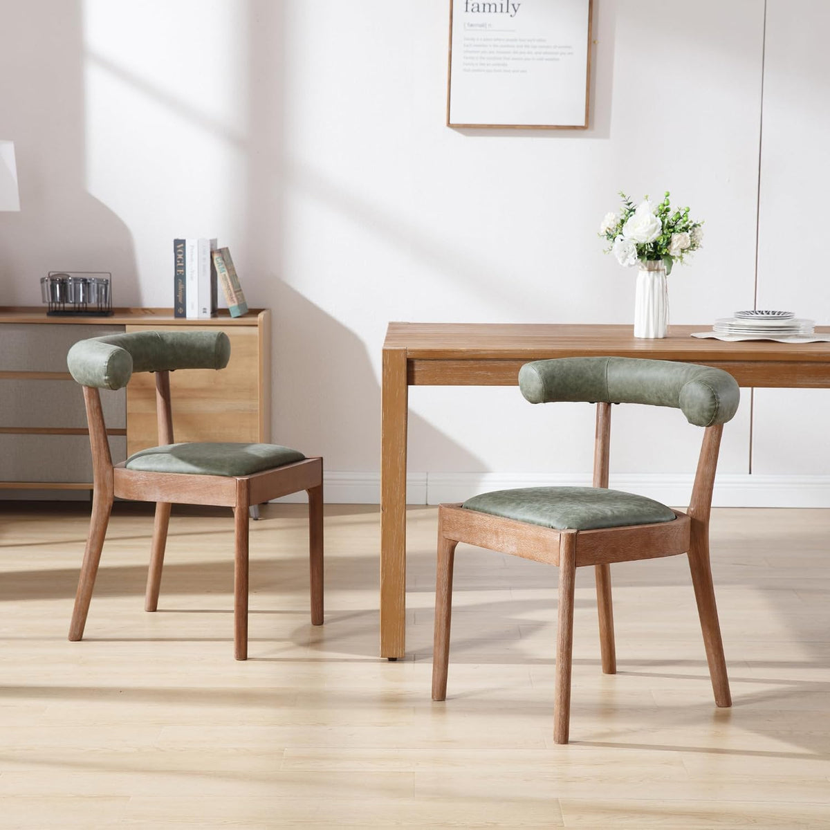 Kmax Dining Room Chairs, Mid-Century Modern PU Kitchen Chairs with Natural Walnut Finished Frame, PU Curved Back, Set of 2, Green
