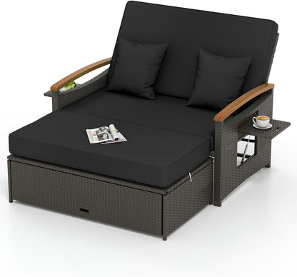 COSTWAY Patio Rattan Daybed, Outdoor Loveseat Sofa with Storage Ottoman, 4-Level Adjustable Backrest & Acacia Wood Armrest, Outdoor Wicker Daybed with Side Panels for Yard, Deck, Poolside (Black)