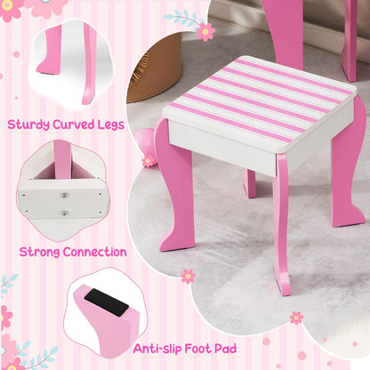 Costzon Kids Vanity, Girls Vanity Set with Mirror and Stool, Storage Drawer, Wooden Princess Makeup Dressing Table, Kids Vanity Table and Chair Set