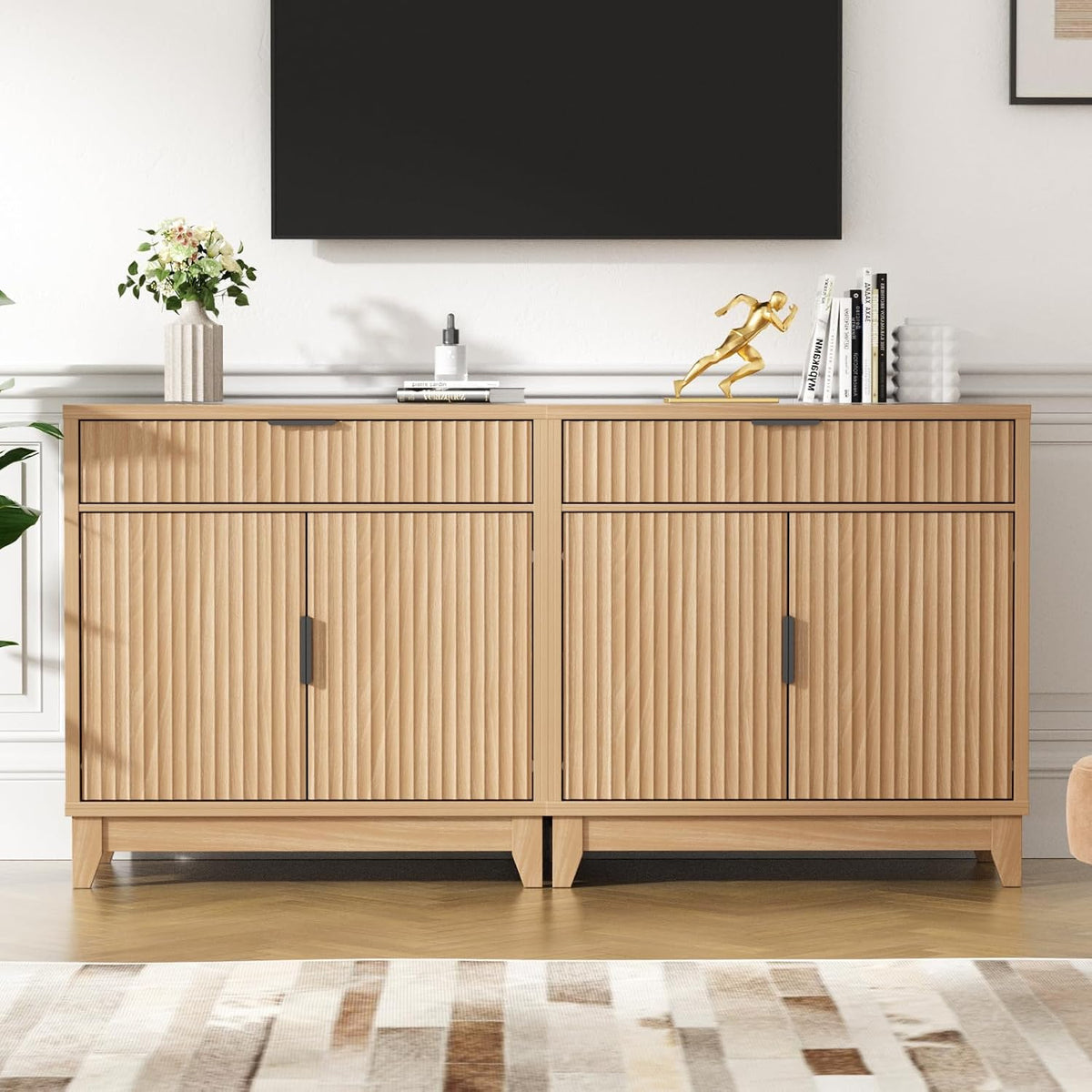 Vabches Fluted Sideboard Buffet Cabinet with Storage, 32" Coffee Bar Console Table with Drawer, Fluted Doors & Adjustable Shelf, Wood Small Buffet Cabinet for Living Room, Kitchen Dining Room, Oak