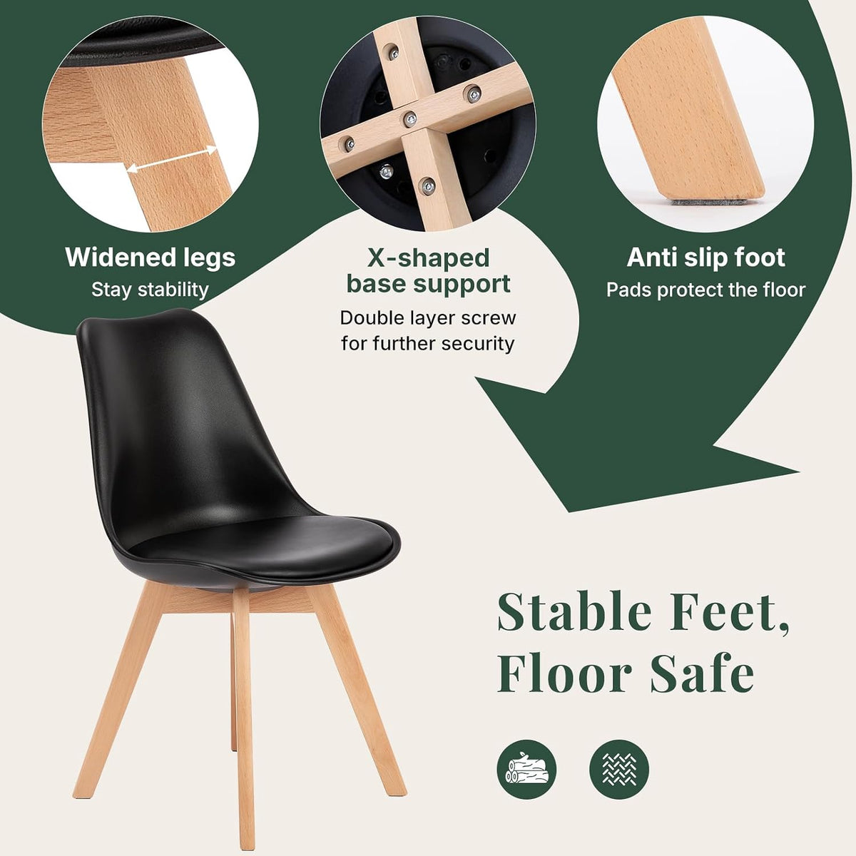 Dining Chairs Set of 8, PU Leather Padded Seat for Living Room | Modern, Upholstered Kitchen Chairs, Thick Cushions, Curved Back, Solid Wood Legs, Apartment, Restaurant, Black