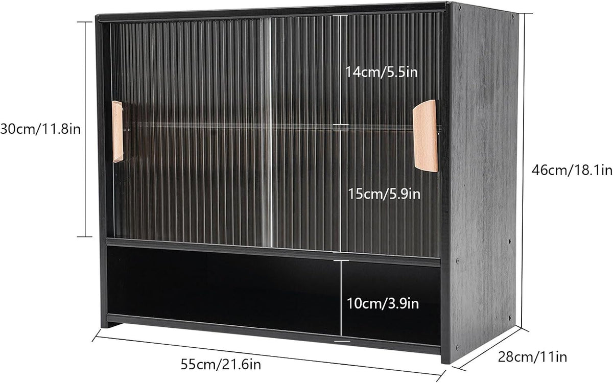 3 Tier Kitchen Pantry Storage Cabinet with with 2 Sliding Striped Glass Doors Console Dining Cupboard Modern Freestanding Bamboo Sideboard for Dining Room Kitchen Black (21.6x11x18.1inch)
