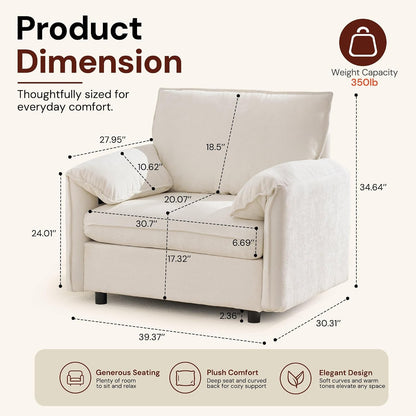 Korser Oversized Accent Chair, 39.3" Wide Arm Chairs for Living Room & Bedroom, Modern Lounge Chair, Upholstered Mid-Century Reading Chair, Comfy Living Room Chair, Single Sofa Chair, Chenille, Beige