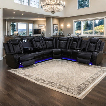 Power Recliner Sofa Sectional Sofa with LED Light for Living Room, Air Leather Reclining Corner Sectional Sofa Set, Cup Holder, Storage Console for Home Theater Seating (Black, Sectional)