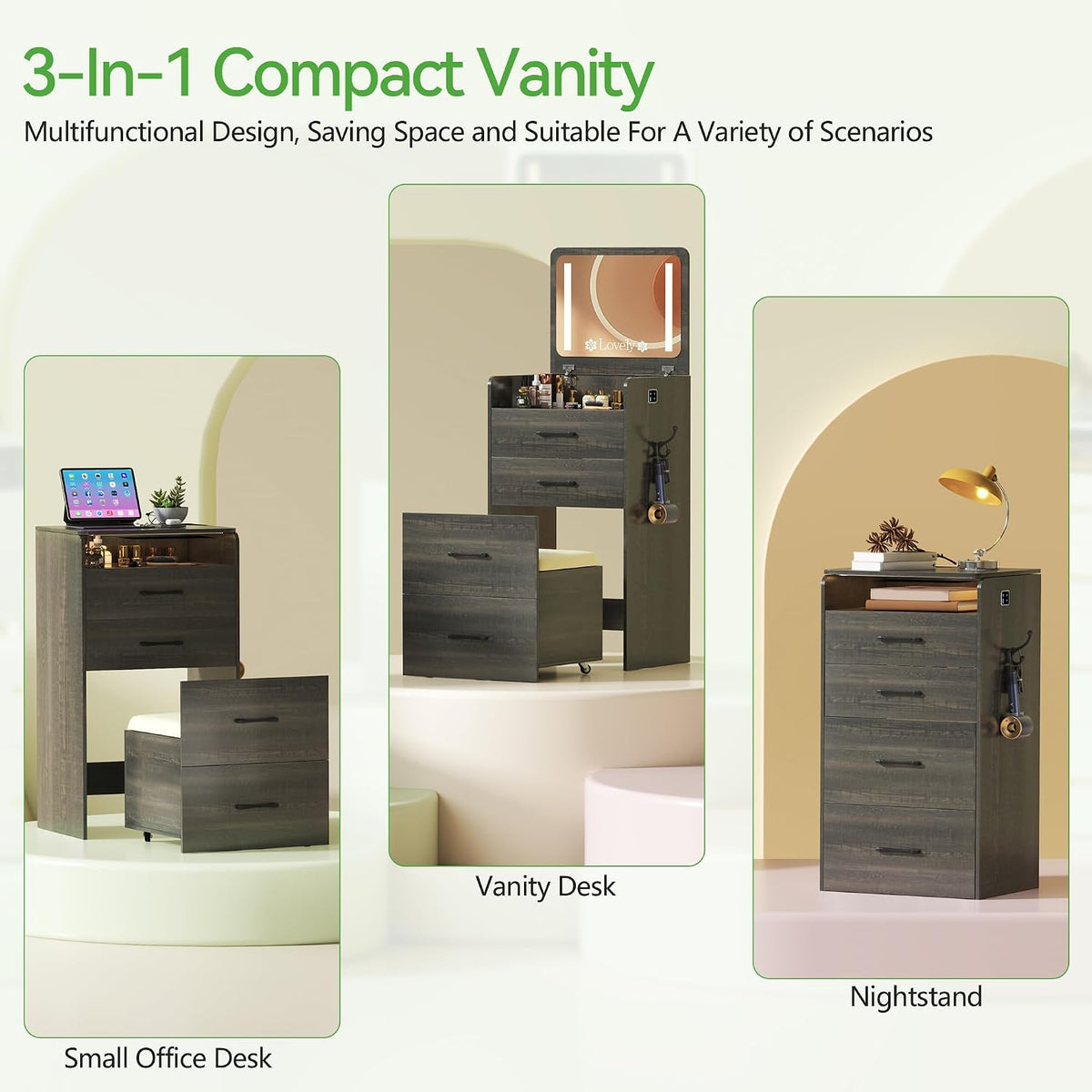 HNEBC 3 in 1 Vanity Desk with Plip Top LED Mirror for Bedroom,Rustic Oaky | Small Dressing Table with Visible Glass Desktop,Compact Vanity with 3 Drawers,Storage Compartment and Padded Stool
