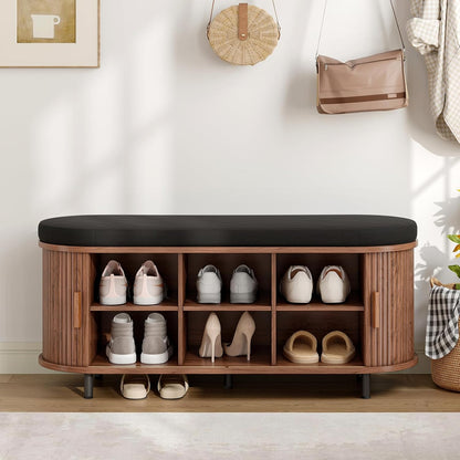 ONBRILL 43" Shoe Bench with Storage, Fluted Shoe Storage Bench with Cushion, Sliding Door and Adjustable Shelf, for Entryway, Hallway, Living Room, Walnut