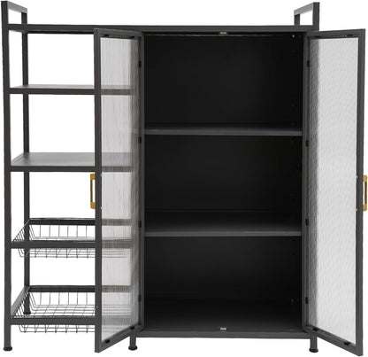 Kitchen Pantry Cabinet with Clear Doors, Metal Sideboard with Open Storage Shelf and Baskets Floor-Standing Organizer for Dining Room Living Room Bar
