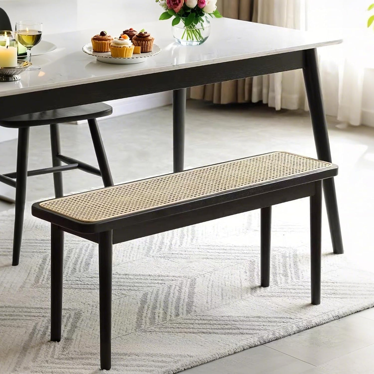 Entryway Bench, Solid Wood Kitchen Dining Bench, Mid Century Modern End of Bed Bench with Rattan Woven Top for Bedroom, Dining Room, Entry Way, 47.2" L x 11.2" W x 17.7" H, Black