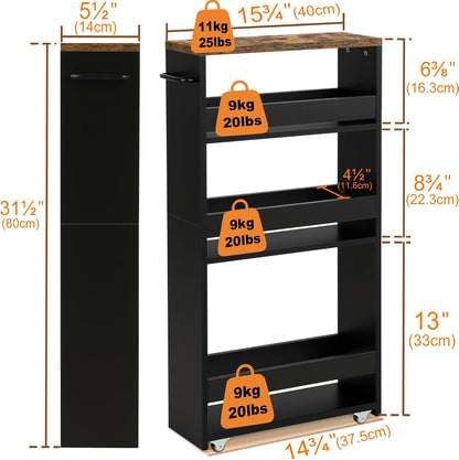 TEAMIX Slim Rolling Storage Cart, Wood 4-Tier Narrow Kitchen/Laundry Cart