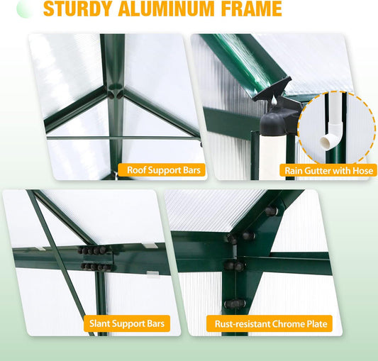 EAGLE PEAK 10x6x7 Outdoor Walk-in Hobby Greenhouse with Adjustable Roof Vent, Rain Gutter, Base and Anchor, Polycarbonate Aluminum Green House for Backyard Garden, Dark Green
