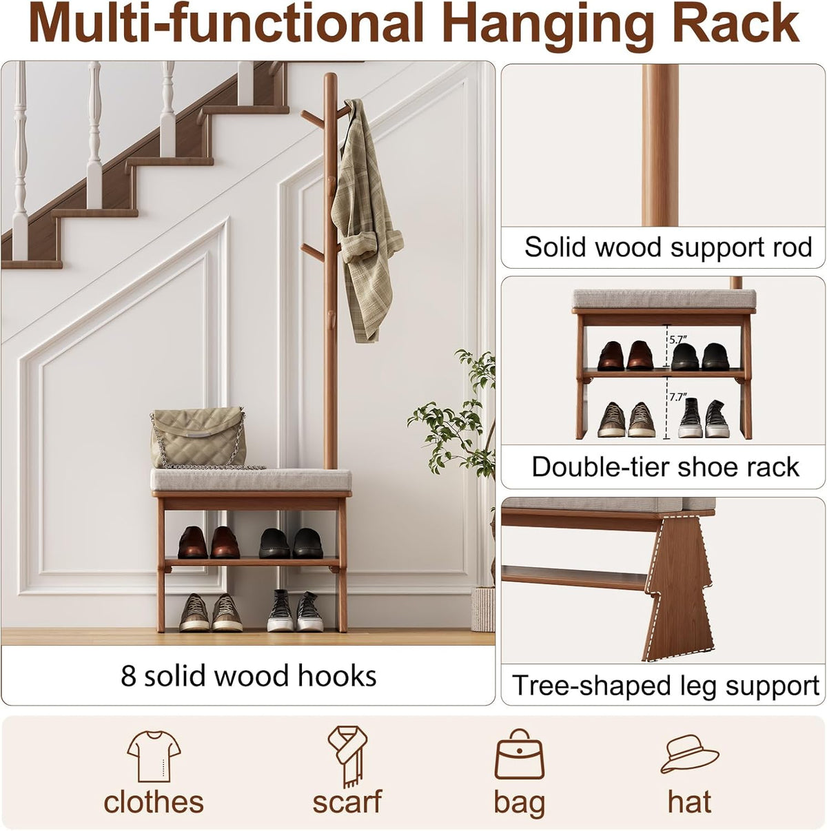 Coat Rack with Shoe Storage,Shoe Rack whit 8 Hook for Offices、Bedroom、Living Room,Small Shoe Bench,Walnut