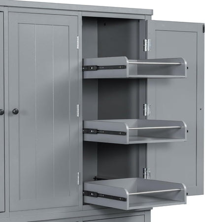 Merax 74.8'' Tall Kitchen Pantry Storage Cabinet with 6 Doors, 3 Drawers and Adjustable Shelves, Freestanding Large Cupboard & Pull-Out Trays for Kitchen, Dining Room, Living Room, Gray