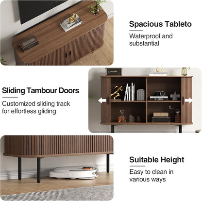 FiveWillowise 47''W x 32''H Buffet Sideboard Cabinet with Storage, Fluted Storage Accent Cabinet with Curvy Edge, Sliding Door, Credenza, Console Table for Living Room, Kitchen, Walnut