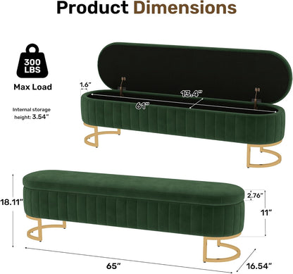 65" Velvet Storage Ottoman Bench End of Bed for Bedroom Entryway Green | Velvet Large Storage Solid Wood with Metal Leg 300 lbs Weight