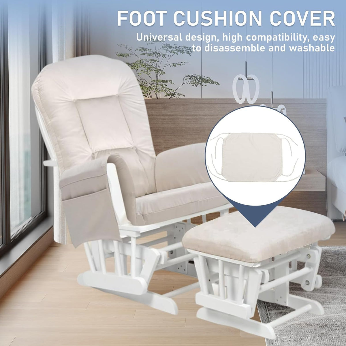 5 PCS Replacement Cushions for Glider Rockers - Thickened Non-Slip Cushions Set with Ottoman Cover & Storage Pocket, Washable & Supportive for Ultimate Comfort