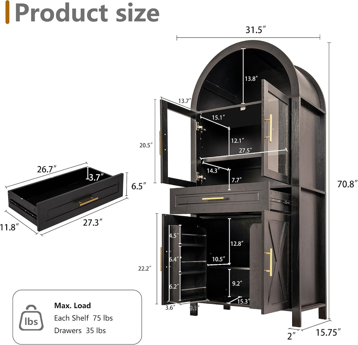 Kitchen Pantry Cabinet with Arched Top, White Storage Cabinet with Adjustable Shelves, Freestanding Cupboard with Drawer and Door Organizers, 70.8H x 31.5W x 15.75D Inches (Black)