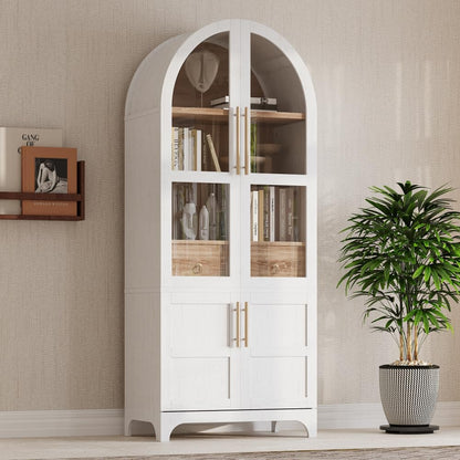 71 Inch Farmhouse Kitchen Pantry Storage Cabinet with Doors, Open Shelf, Hidden Drawer, Adjustable Shelves, Glass Door, Cupboard for Dining Room (Retro White Arched Pantry Cabinet+ MDF)