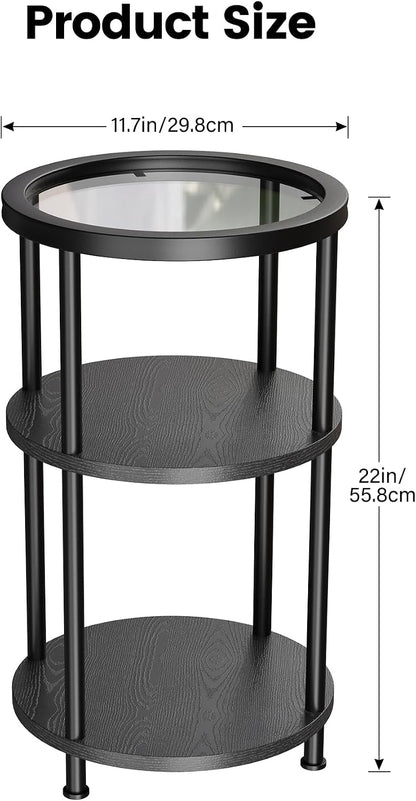 Homeiju Glass Side Table, 3-Tier Glass End Table with Adjustable Feet, Bedside Table for Small Space for Living Room, Balcony, Bedroom, Black
