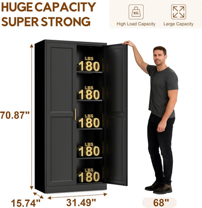 UNICOLY 71" Kitchen Pantry Cabinet, Pantry Storage Cabinet with Doors and 4 Shelves, Metal Storage Cabinets for Kitchens, Living Room, Dinning Room, Assembly Required, Black