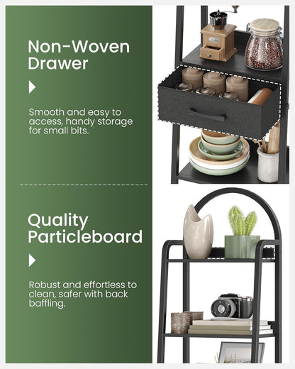 CHOEZON 5 Tier Ladder Shelf with Drawer, Tall Ladder Bookshelf, Standing Bookcase with Metal Frame for Living Room, Bathroom, Home Office, Study, Balcony, Black TCJ07BB