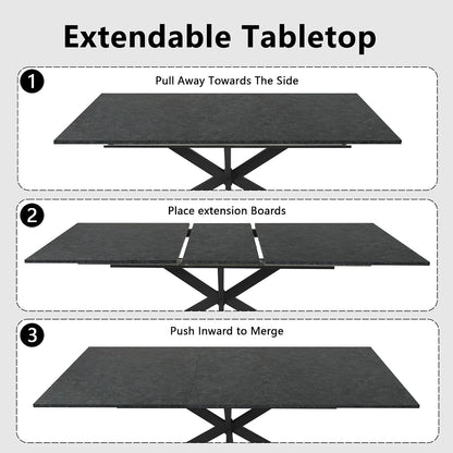 63-79 Inch Extendable Dining Table for 6-10, MDF Rectangular Kitchen Table with Removable Butterfly Leaf and Black Metal Base, Space Saving Design for Small Spaces & Holiday Gatherings, Black Lava