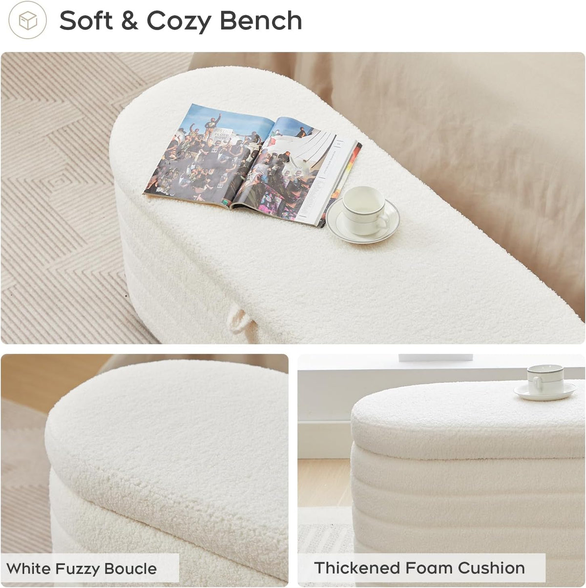 Storage Ottoman Bench End of Bed for Bedroom,45 inch Boucle Upholstered Entryway Shoe Seat Bench w/ Storage,Sherpa Modern Cute Padded Blanket Chest Stool Foot Rest for Living Room,Off-White