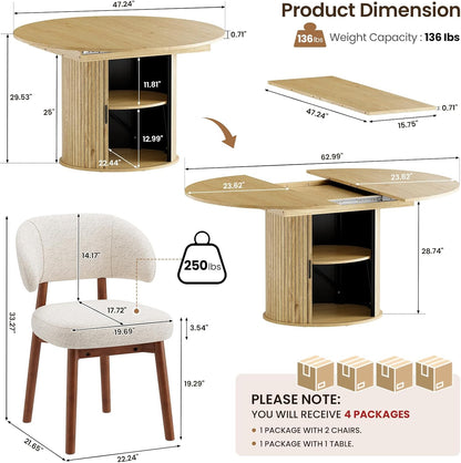 MALOL 47"-63" Extendable Round to Oval Dining Table Chairs Set for 4-8, Modern Wooden Kitchen Table and Chairs with Hidden Storage and Fluted Design for Dining Room/Small Space(Natural Wood and Brown)