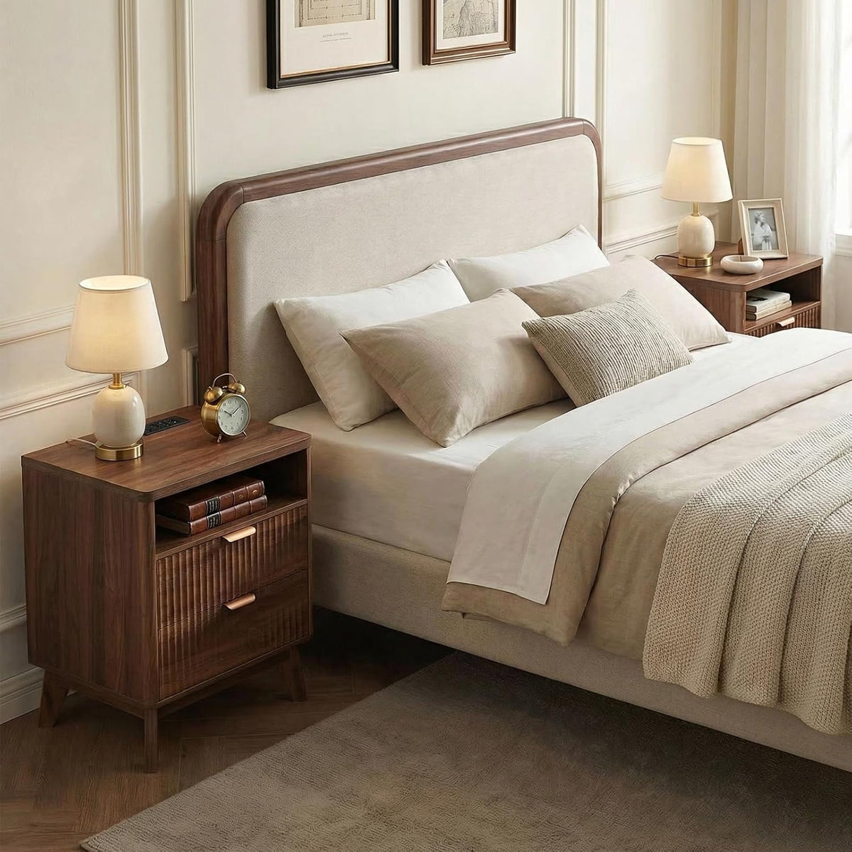 LYNCOHOME Fluted Nightstand with Charging Station, 19.7 inch Wide End Table with 2 Drawers, Modern Wood Bedside Table for Bedroom,Brown,1 Pcs