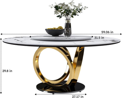 Leavader 59" Round Sintered Stone Dining Table with 31.5" Detachable Turntable Design, Modern White Artificial Dining Room Table for 6-8 (White & Golden 2)