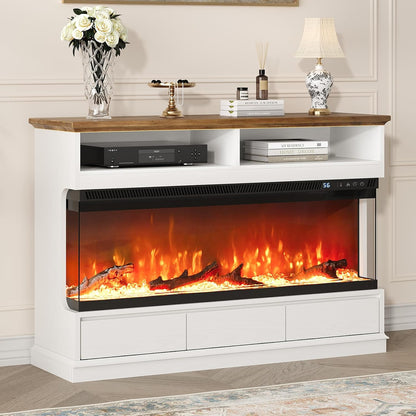 4 EVER WINNER Fireplace TV Stand with 50" Electric Fireplace, Fireplace Entertainment Center with 3-Side Glass Insert, 3 Drawers, TV Stands for Living Room, White