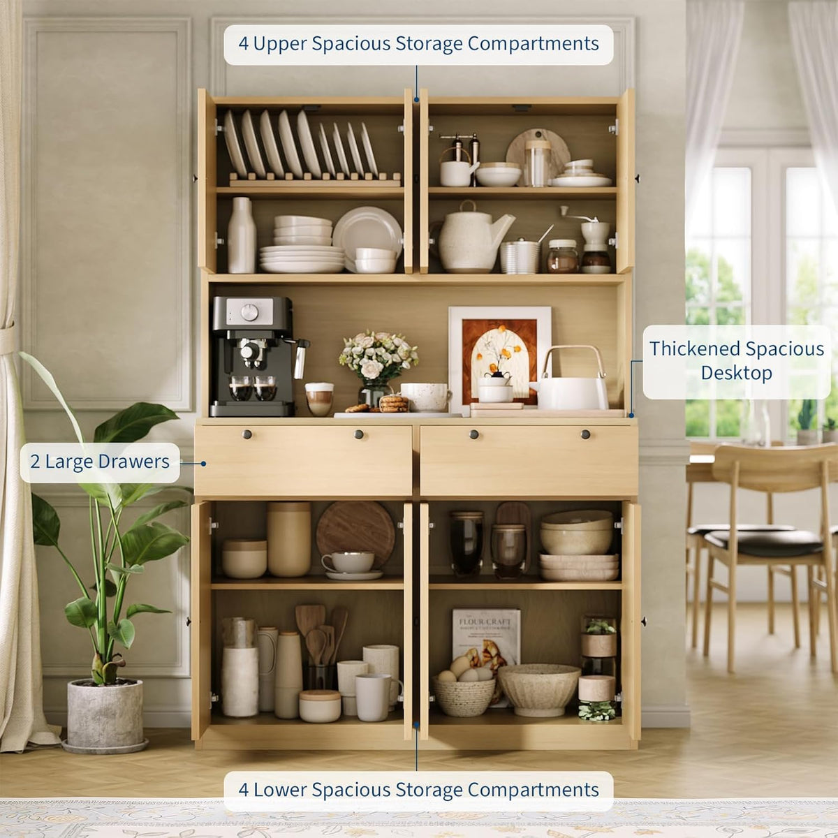 Modern Tall Kitchen Pantry Cabinet with Charging Station - 71" Height, 47" Wide Hutch, 2 Drawers, 8 Doors, Adjustable Shelves, Countertop - Dining Room or Kitchen Storage - Natural Wood