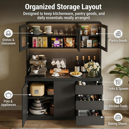 71" Kitchen Pantry Cabinet,Tall Storage Cabinet with Doors & Shelves Adjustable, Kitchen Storage Hutch with Microwave Shelf,Coffee Bar,Led Lights&Charging Station,Corner Pantry Cabinet for Living Room