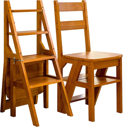 4 Tier Folding Step Ladder, 3-in-1 Wooden Folding Ladder Chair, Portable Multi-Function Step Stool, 198 lbs Capacity Indoor and Outdoor Display Rack Flower Rack,for Library,Home,Kitchen (Light Walnut)