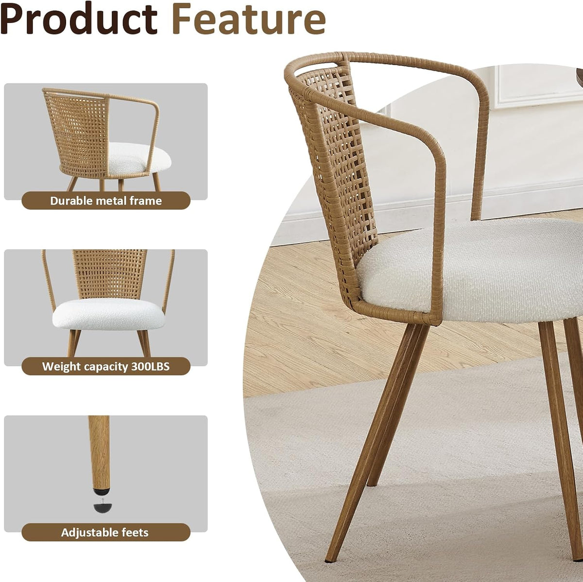 Rattan Dining Chairs,Upholstered Boucle Cushion with PE Cane Wing Back Kitchen Chair,Modern Dining Room Chair with Wood Metal Legs for Kitchen,Beige White Set of 4
