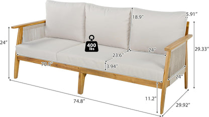 Christopher Knight Home Outdoor 3 Seater Patio Sofa with Acacia Wood Frame and Rope Weave Design, Cushioned Garden Couch with Removable Covers for Patio Deck Balcony, Teak and Beige