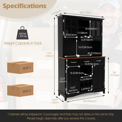 72.5” Buffet with Hutch, Freestanding Pantry Storage Cabinet with Drawers, Adjustable Shelves, Wine Grids, Microwave Countertop, Kitchen Cupboard for Dining Room, Living Room (Black)