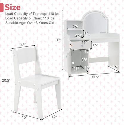 GLACER Kids Vanity, 2-in-1 Wooden Makeup Desk with LED Lighted Mirror, Drawer & Cabinet, Storage Shelves, Princess Dressing Table, Kids Vanity Table and Chair Set for Little Girls Ages 3+ (White)