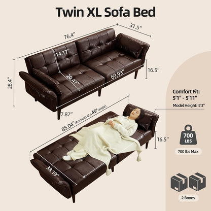 HALLYBEE 85" Futon Faux Leather Couch with Adjustable Armrests Coffee Brown | Futon Sofa Bed, Sleeper Sofa, Small Couch with Pillows, Side Pockets, Mid Century Modern, Living Room, Bedroom, Apartment