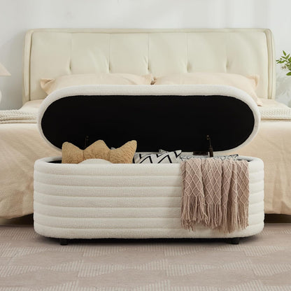 45.5" Storage Teddy Ottoman Bench Upholstered Fabric Bench Hidden Storage Chest with Slow-Close Safety Hinge for Bedroom, Living Room, Entryway, White