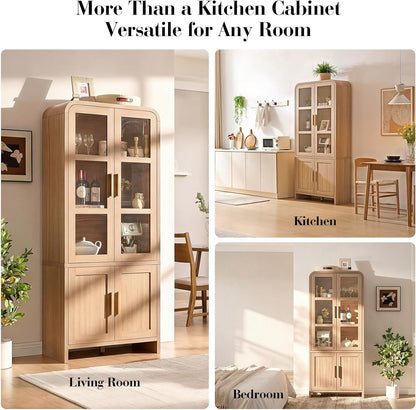 77" Tall Kitchen Pantry Cabinet,Thickened Panel,Oak,1Pcs | Wooden Curved Storage Cabinets with Adjustable Shelf, Cupboard with Glass Door for Dining Room, Living Room, Bathroom