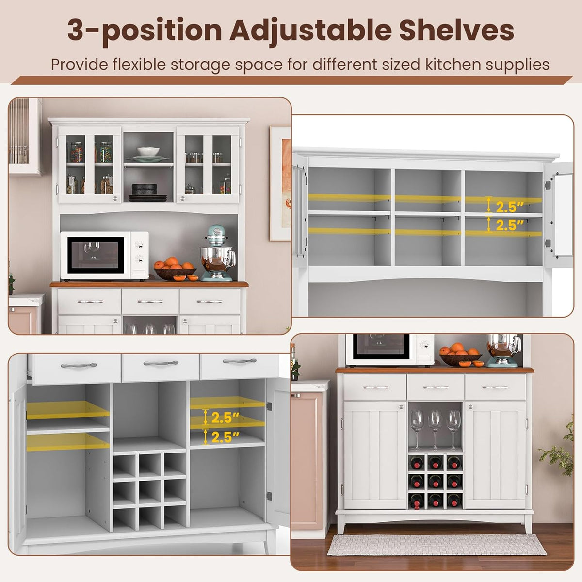 Moccha Kitchen Hutch with Storage, Farmhouse Buffet Cabinet Cupboard with Glass Doors, Drawers, Wine Rack, Adjustable Shelves, Pantry Storage Cabinet Sideboard for Living Room, Dining Room, White