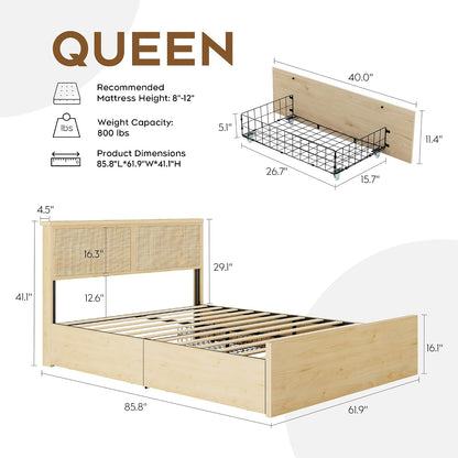 Brafab Natural Rattan Queen Bed Frame with Headboard, 4 Storage Drawers